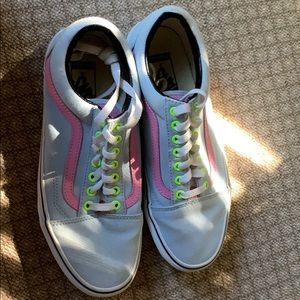 Blue, neon, and pink vans